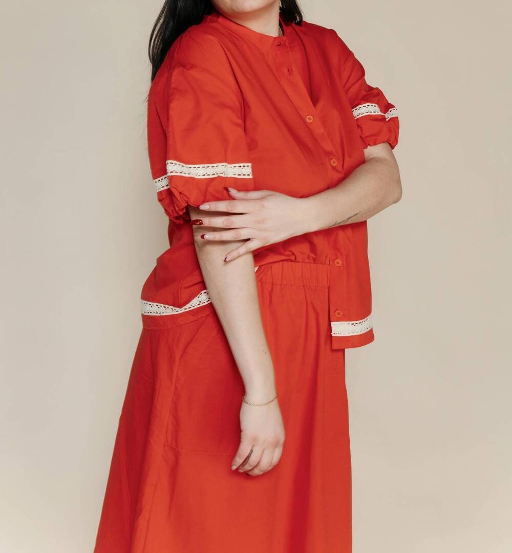 NEW BOBO CHOSES contrast-trim puff sleeve shirt in red